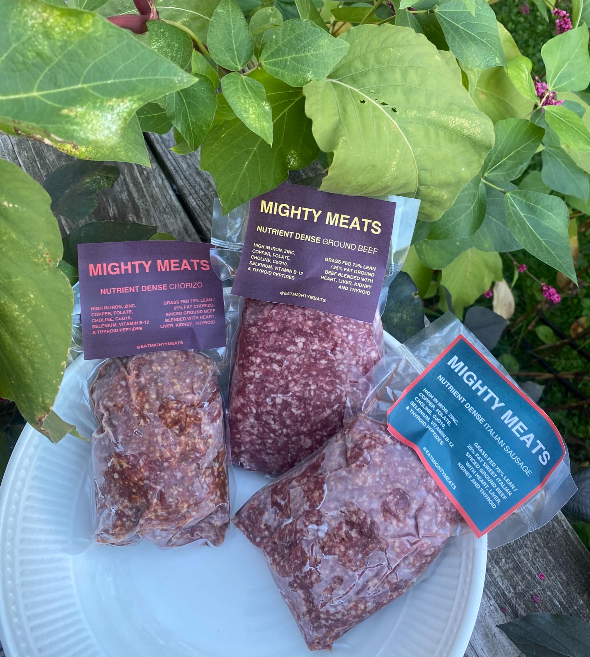 Vacuum-sealed Mighty Meats grass-fed ground beef, chorizo and Italian sausage blended with heart, liver, kidney and thyroid for athletes, postpartum moms, and people with low iron or B-12
